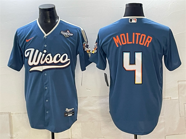Men's Mineral Blue Milwaukee Brewers #4 Paul Molitor 2026 World Series City Connect Stadium Stitched Baseball Jersey